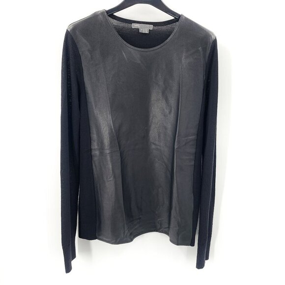 VINCE Lamb Leather Front Lightweight Wool Sweater - Picture 2 of 5